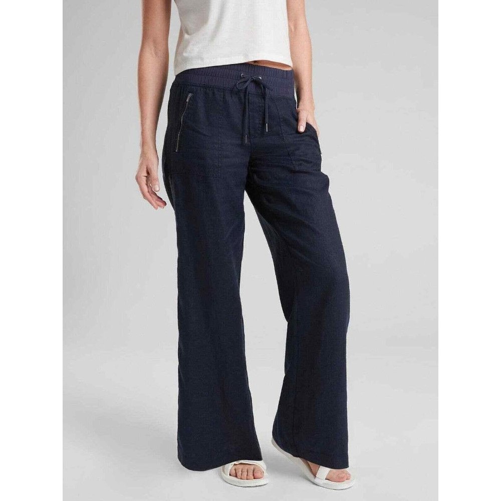 Athleta Cabo Linen Wide Leg Pant Size 10 Black Zip Pockets Pull-On